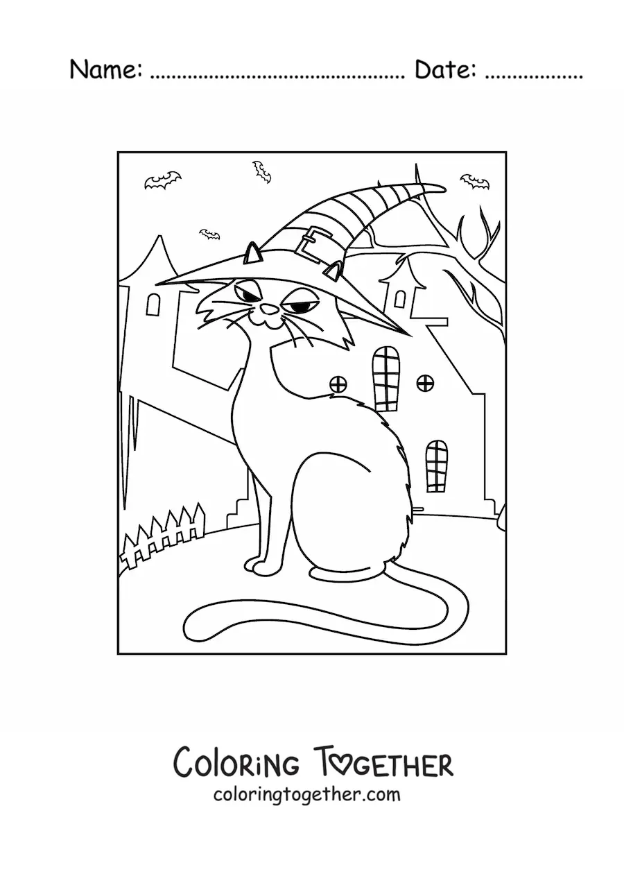 Coloring page of a cartoon cat with a witch hat in a haunted house