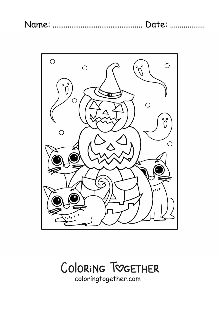 Coloring page of kawaii kittens with Halloween pumpkins