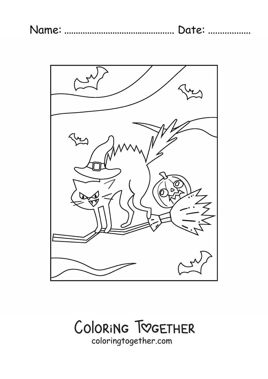 Coloring page of a cat flying on a witch's broom on Halloween