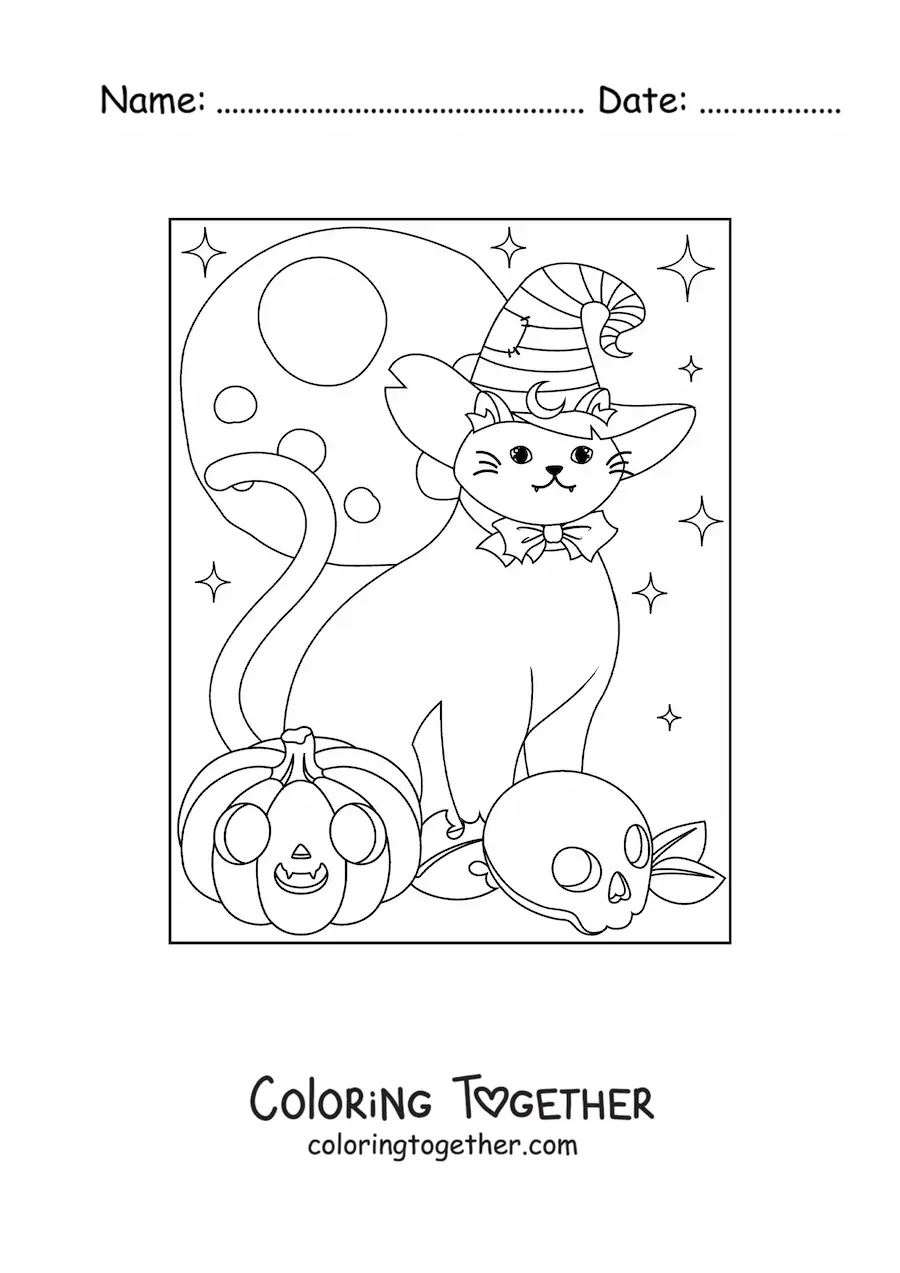 Coloring page of a kawaii cat with a witch hat and a skull