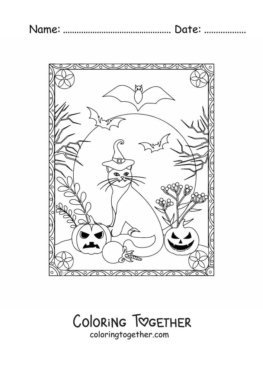 Coloring page of a cat with scary Halloween pumpkins and bats