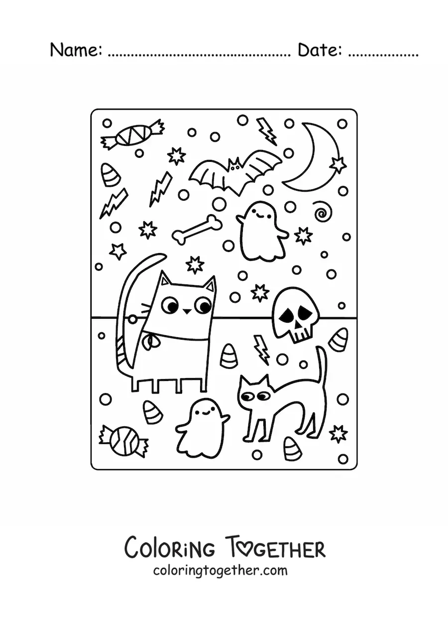 Coloring page of cartoon cats with ghosts and Halloween candy