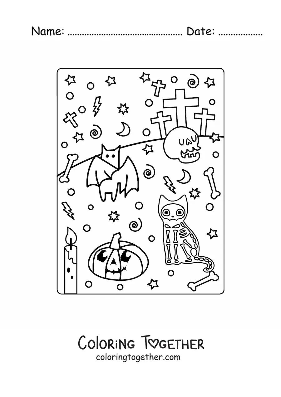 Coloring page of a cat in a Halloween costume with a kawaii pumpkin