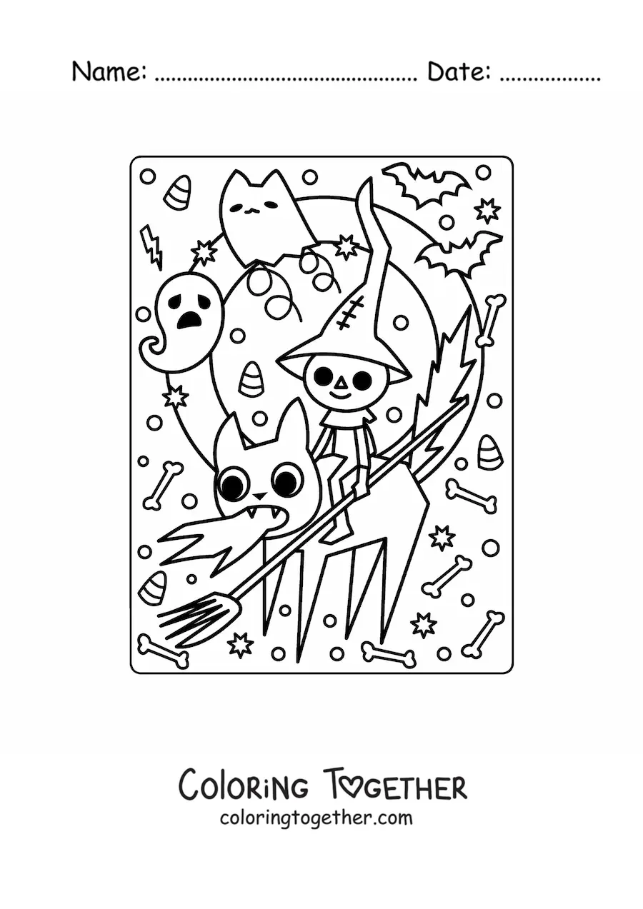 Coloring page of a cat with a kawaii Halloween ghost