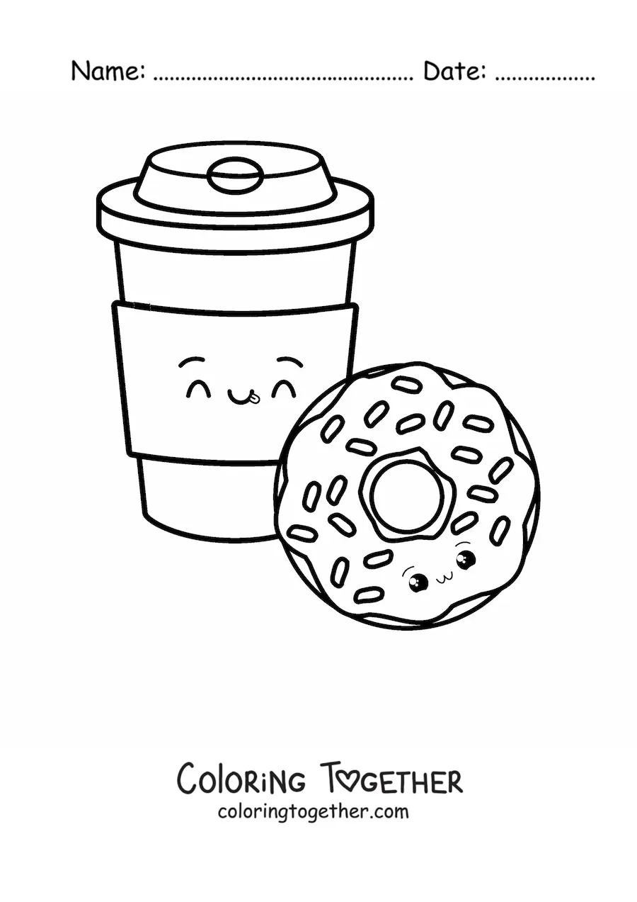 Coloring page of a kawaii donut and coffee