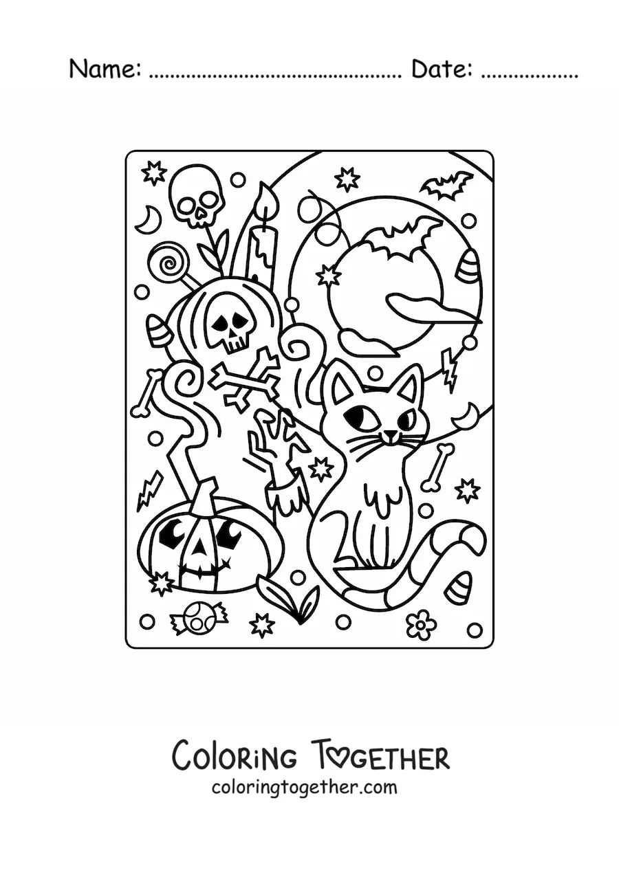 Coloring page of a cartoon cat with a grave and a kawaii pumpkin on Halloween