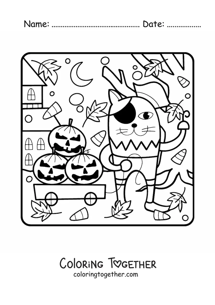 Coloring page of a cartoon cat with Halloween pumpkins