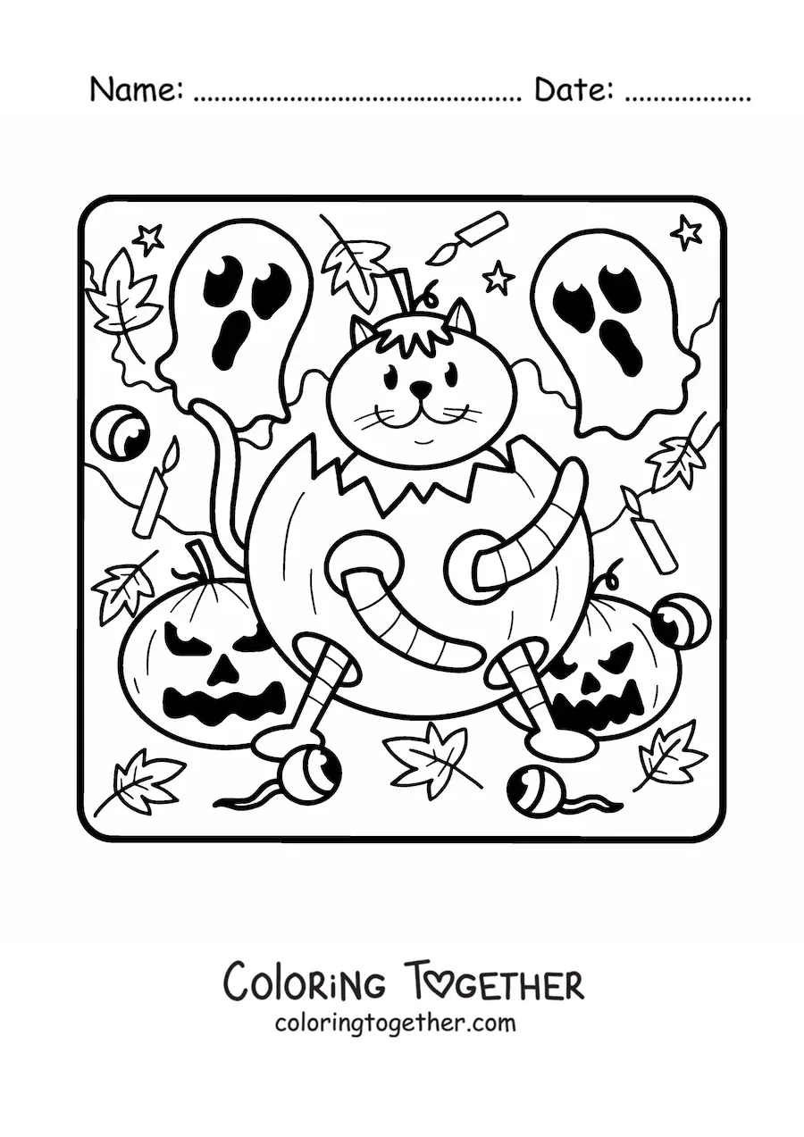 Coloring page of a cartoon cat in a Halloween pumpkin with ghosts