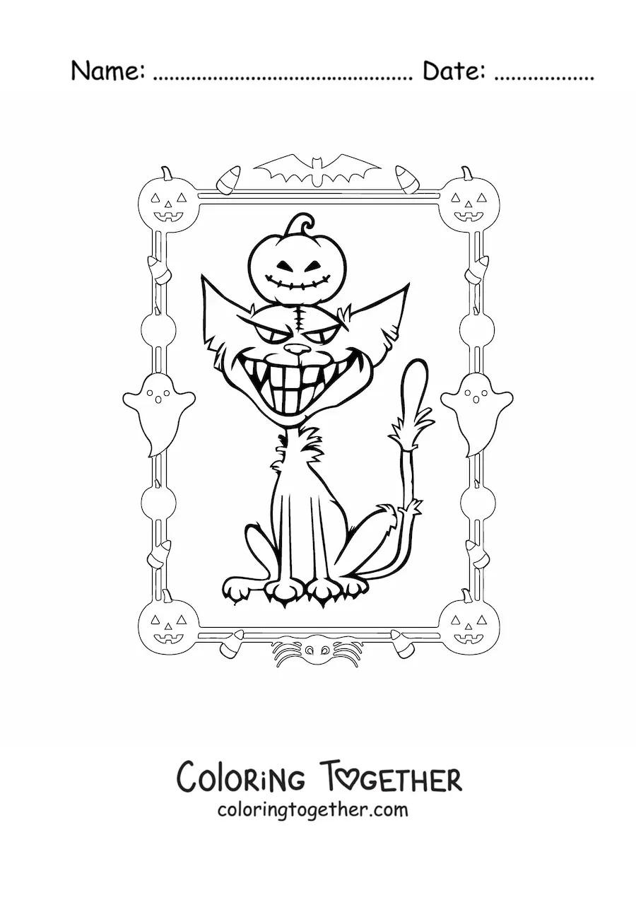 Coloring page of a cartoon haunted Halloween cat