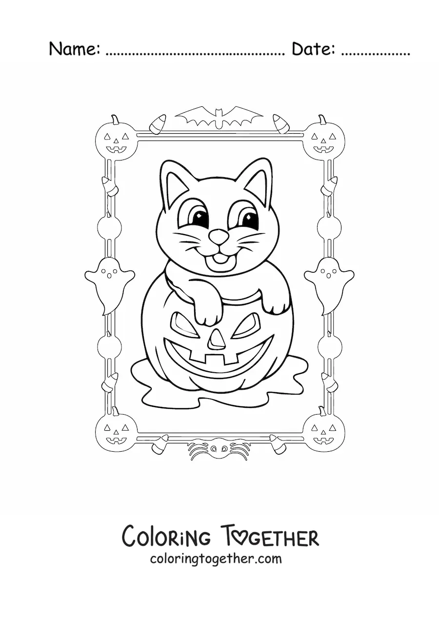 Coloring page of a cartoon of a cute cat in a Halloween pumpkin