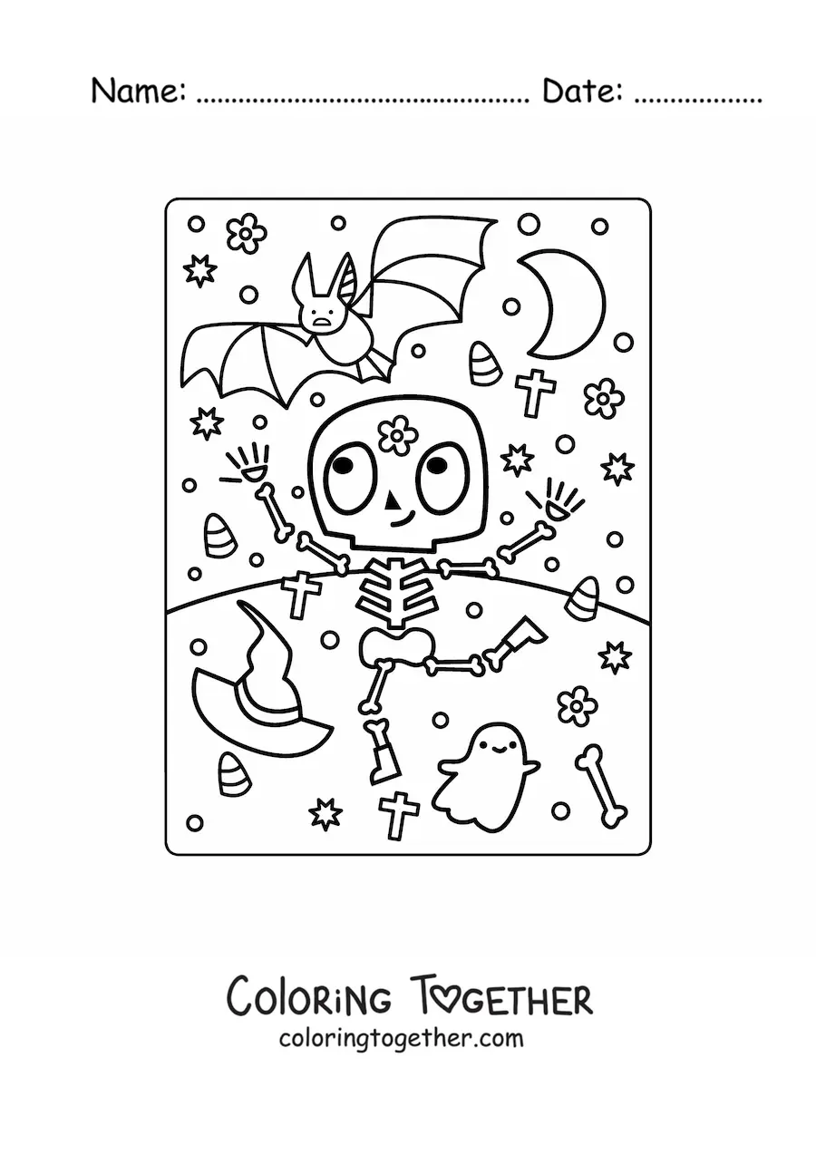 Coloring page of a child skeleton dancing on Halloween