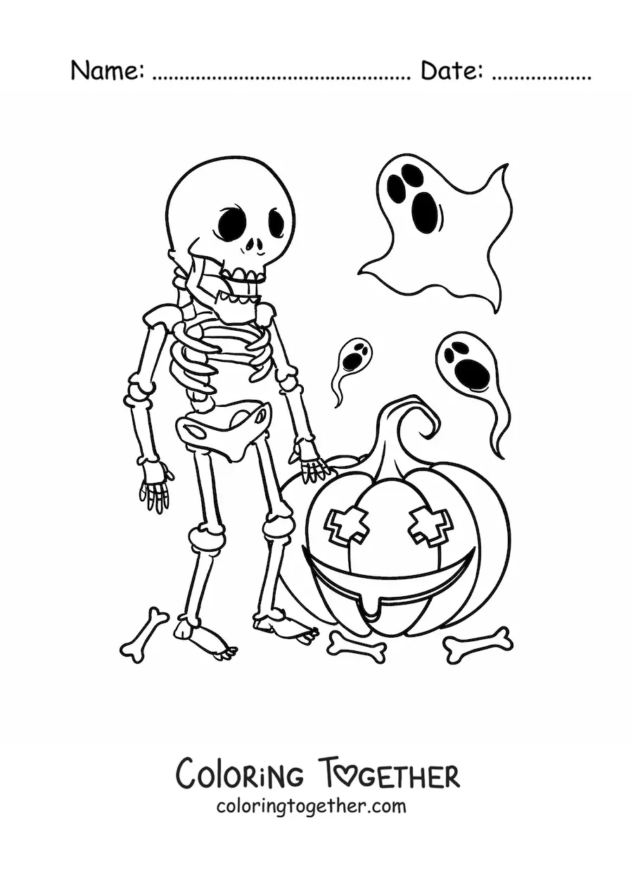 Coloring page of a skeleton with ghosts and a Halloween pumpkin