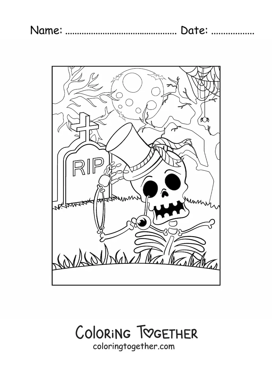 Coloring page of a scary skeleton in its grave on Halloween night