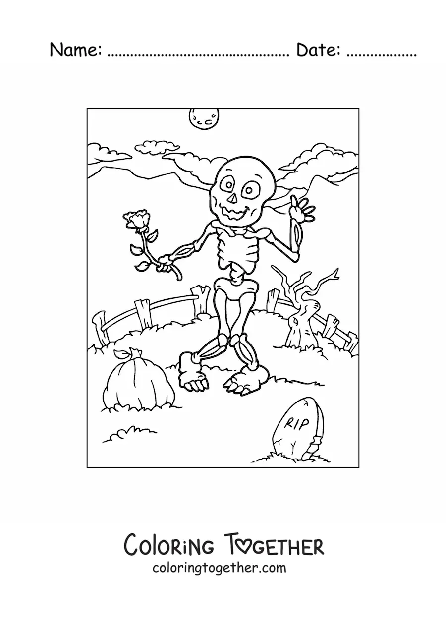 Coloring page of a human Halloween skeleton