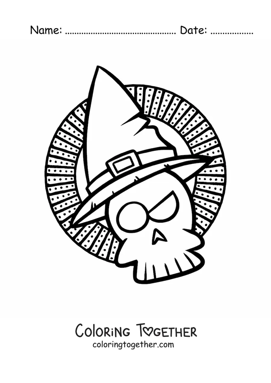 Coloring page of a cartoon Halloween skull