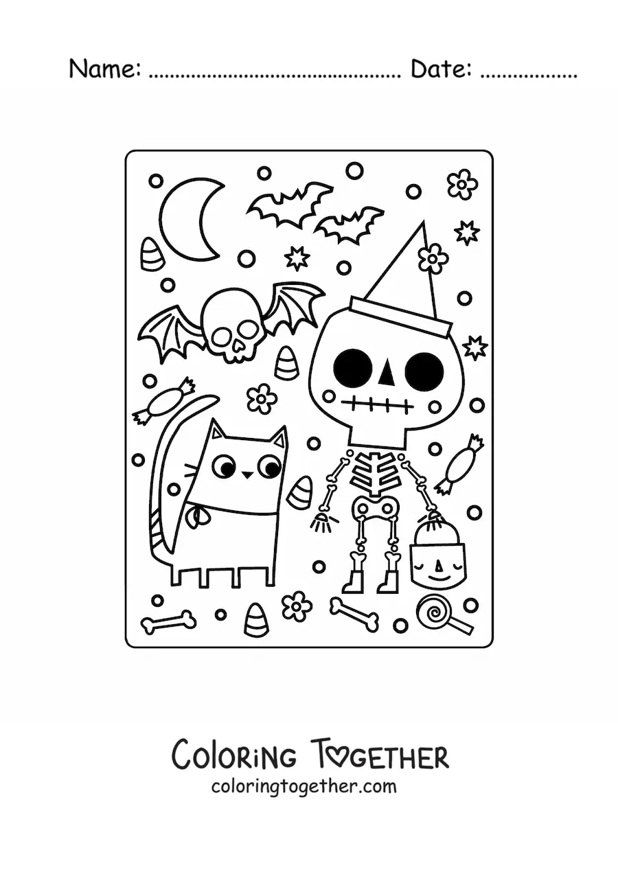 Coloring page of a cartoon skeleton with Halloween candy