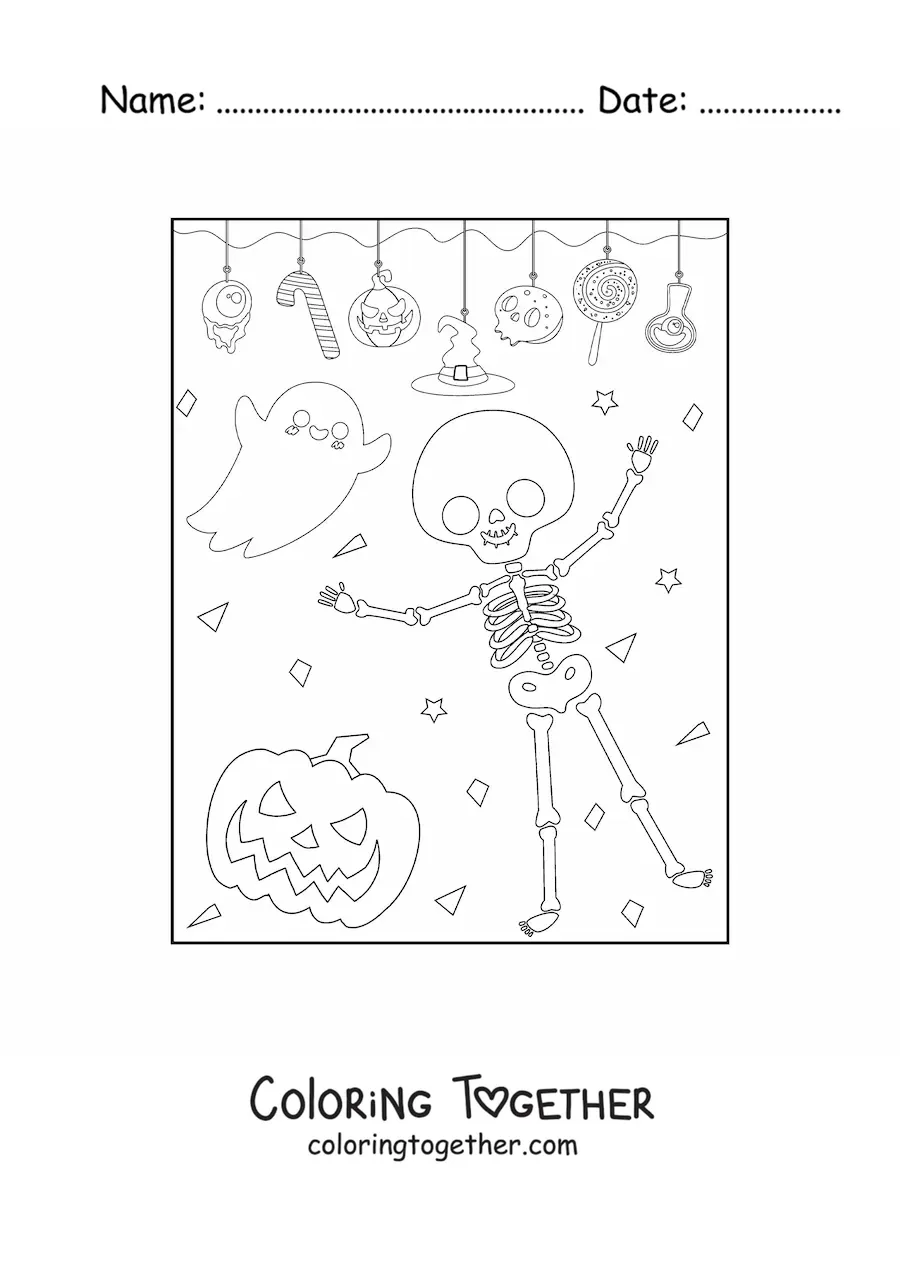 Coloring page of a cartoon skeleton with a ghost at a Halloween party