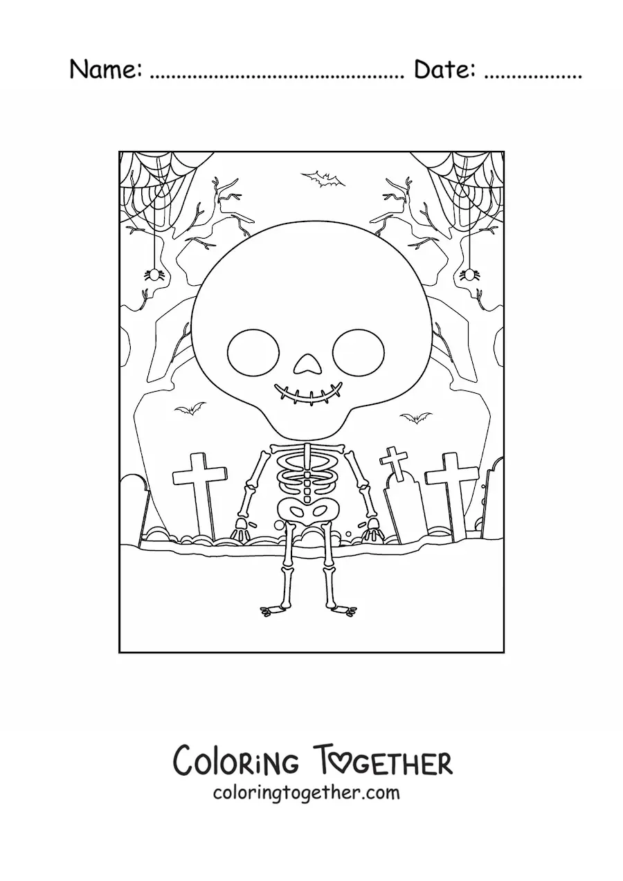 Coloring page of a cartoon human skeleton on Halloween night