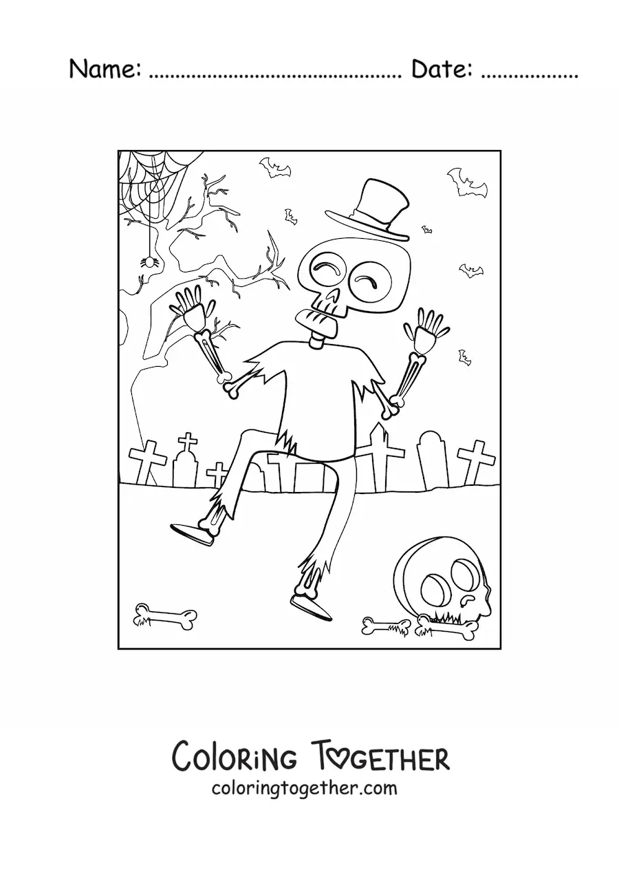 Coloring page of a skeleton dancing on Halloween
