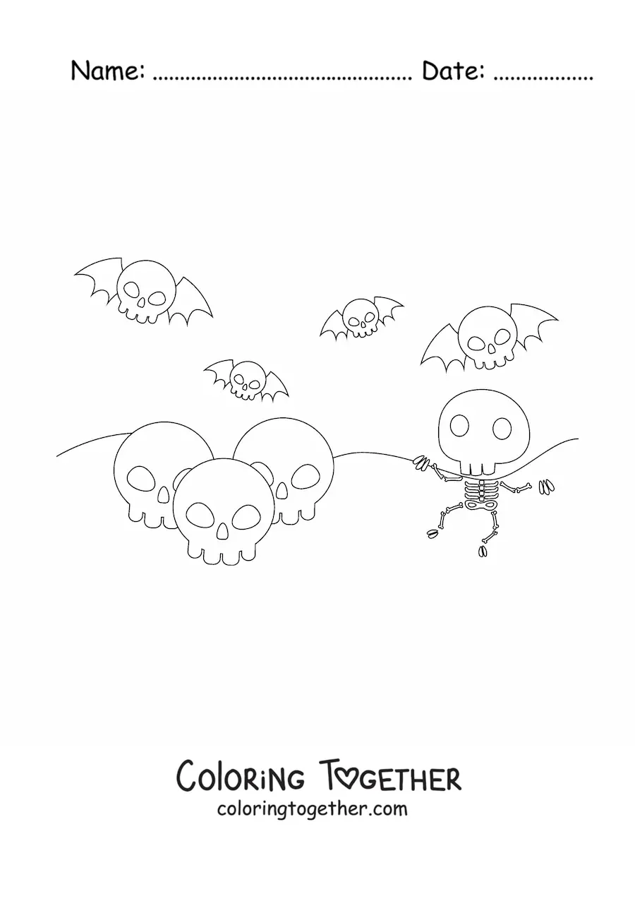 Coloring page of a Halloween skeleton and skulls