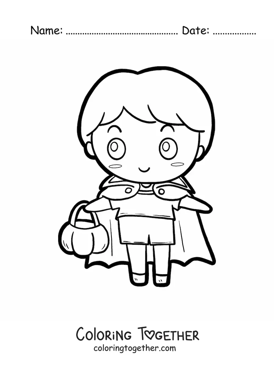 Coloring page of a kawaii boy dressed as Count Dracula