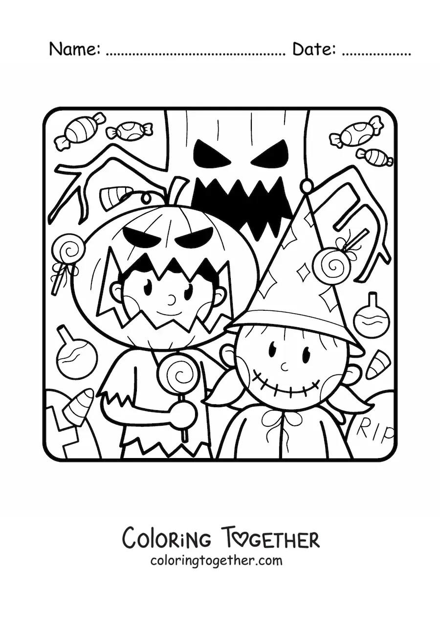 Coloring page of children dressed as monsters on Halloween