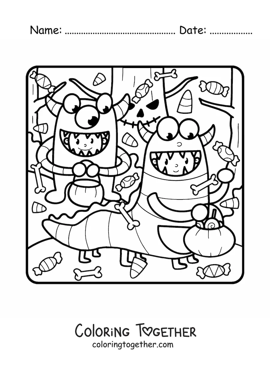 Coloring page of children dressed as monsters at a Halloween party