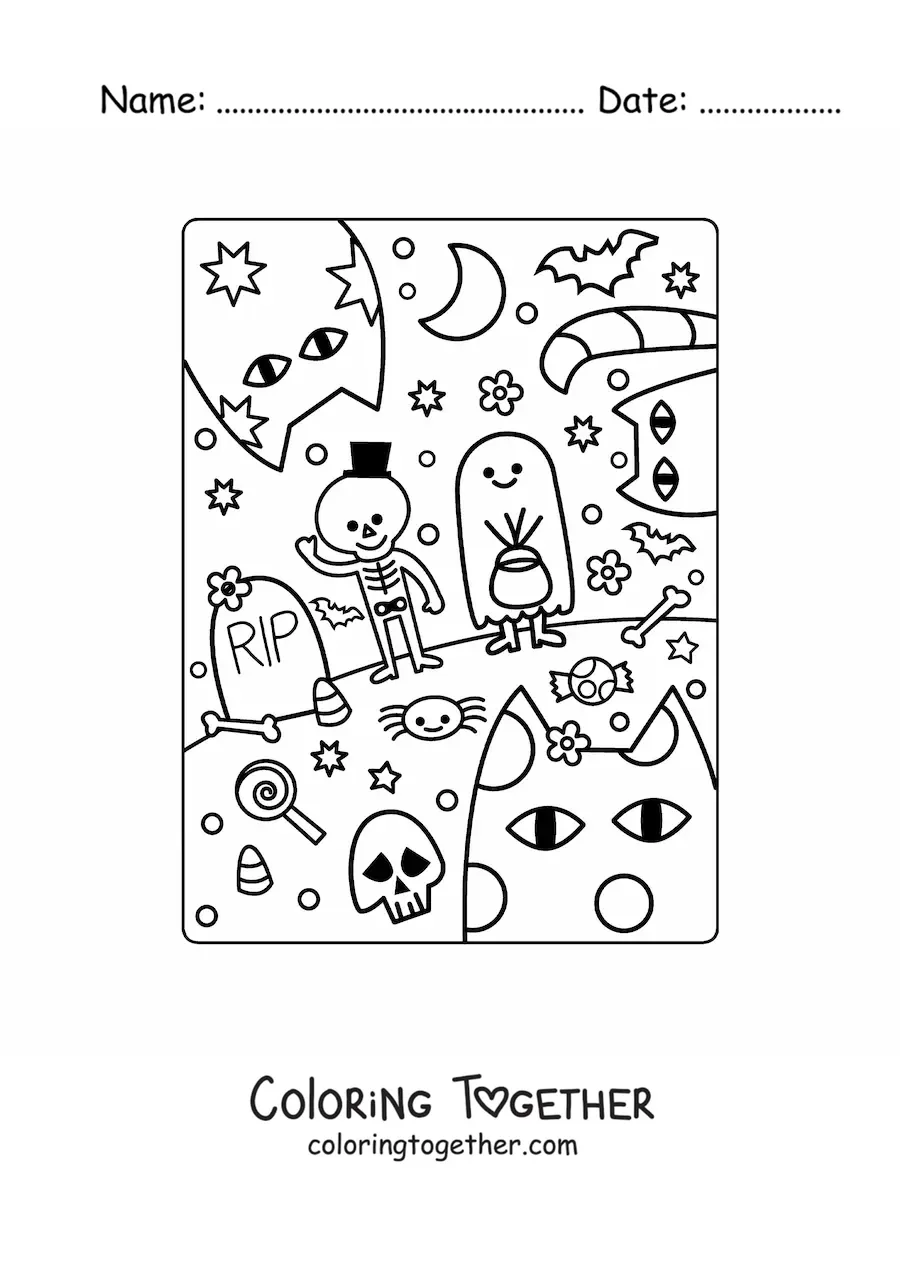 Coloring page of children dressed as a ghost and a skeleton at a Halloween party