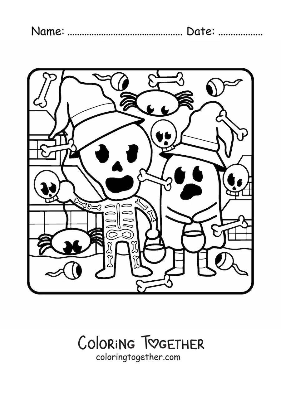 Coloring page of children dressed as a ghost and a skeleton on Halloween