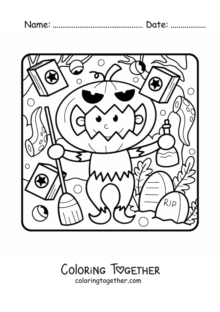 Coloring page of a child dressed up with a pumpkin mask on Halloween