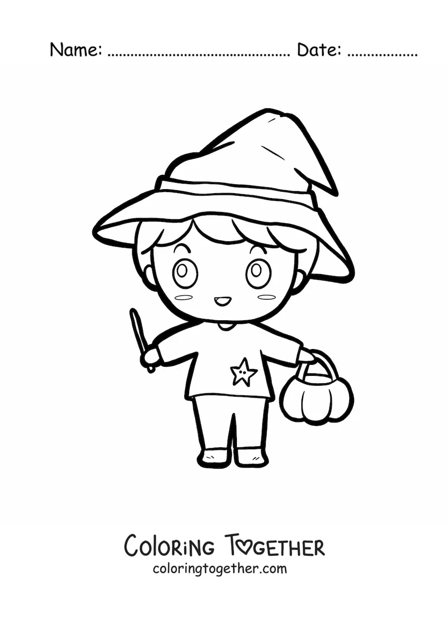 Coloring page of a boy in a sorcerer costume on Halloween
