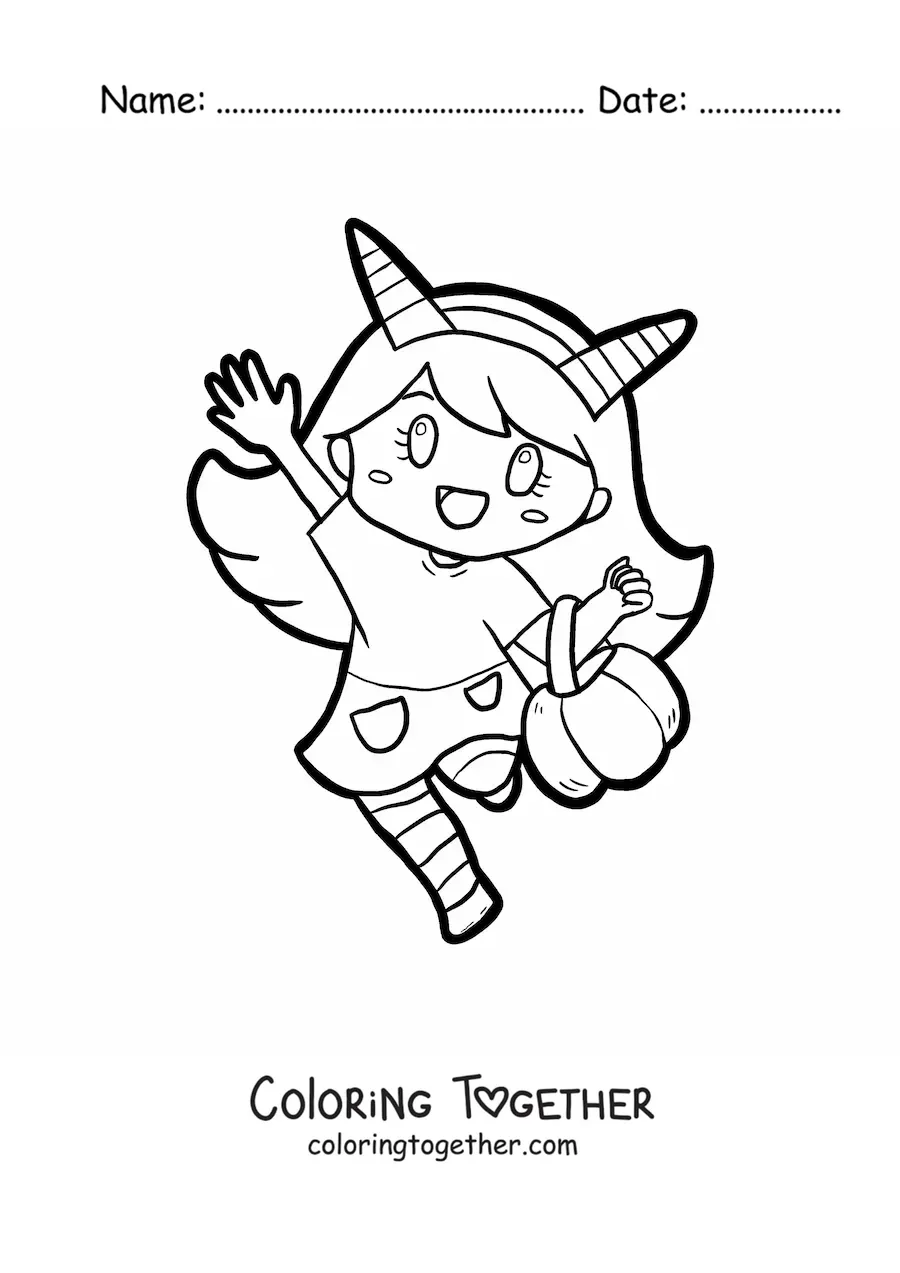 Coloring page of a girl in a devil costume on Halloween