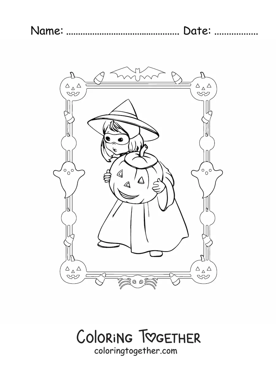 Coloring page of a girl in a witch costume with a Halloween pumpkin