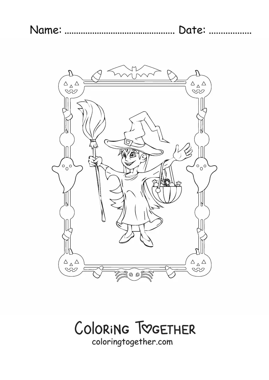 Coloring page of a girl dressed as a witch trick-or-treating on Halloween