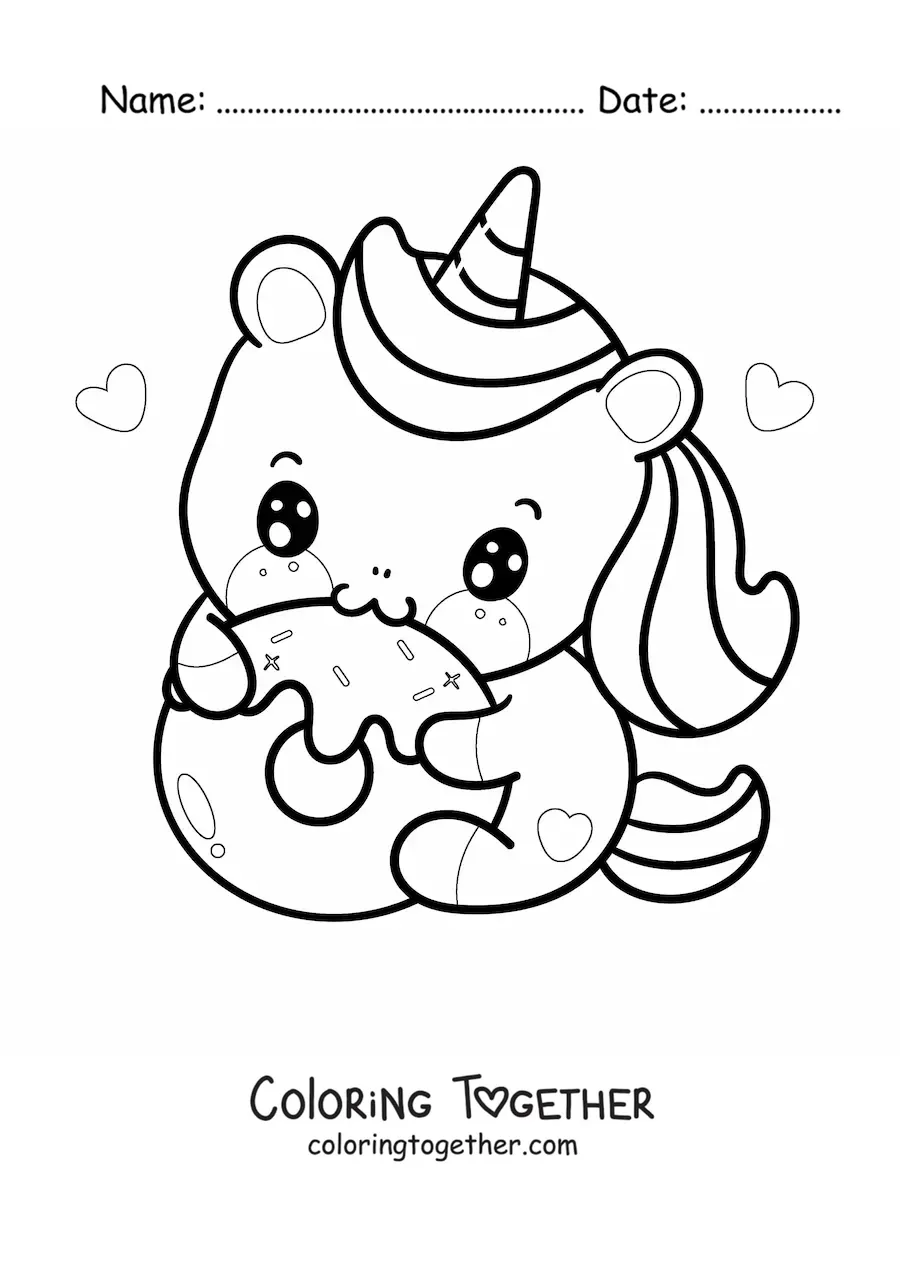 Coloring page of a kawaii unicorn eating a donut