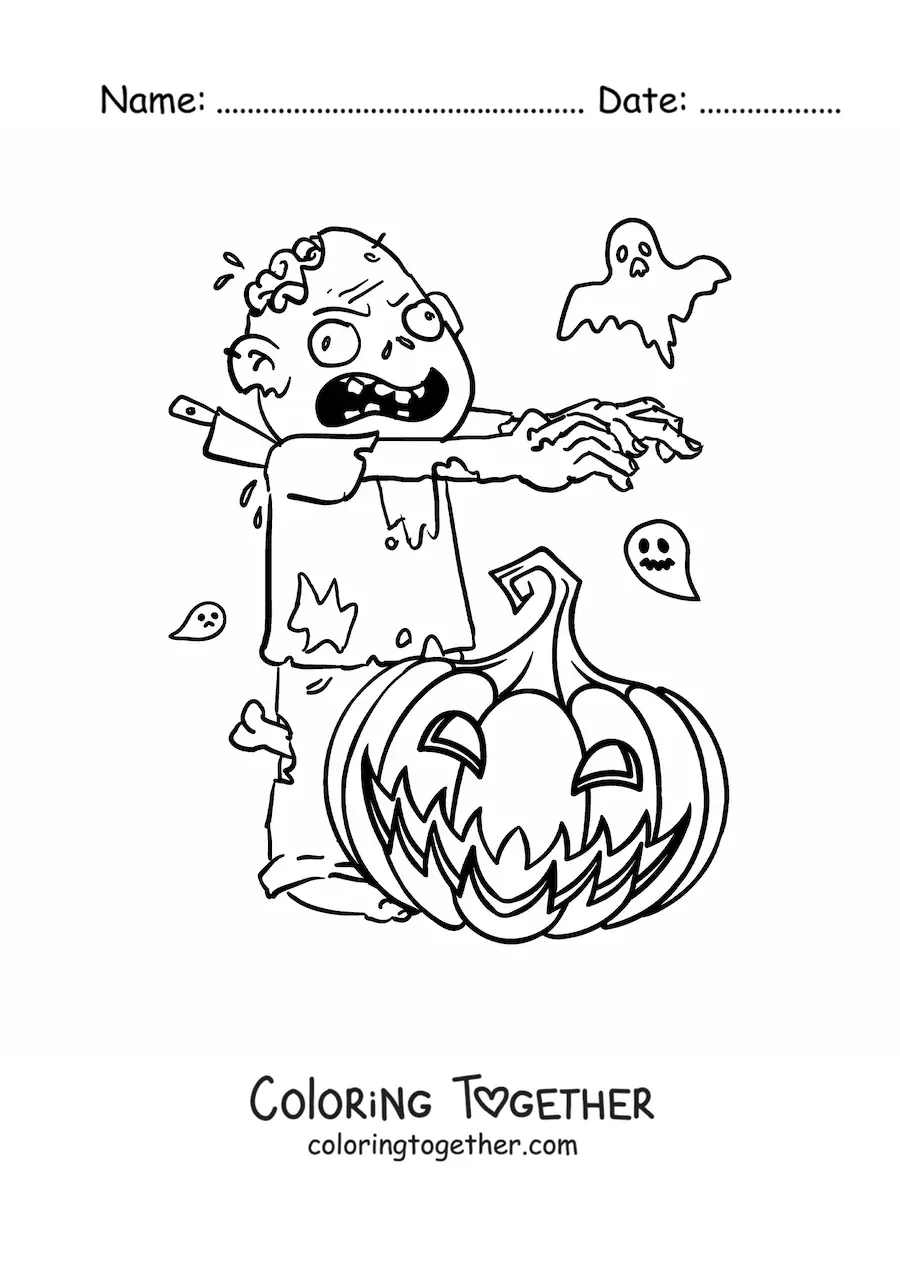 Coloring page of a zombie with a Halloween pumpkin