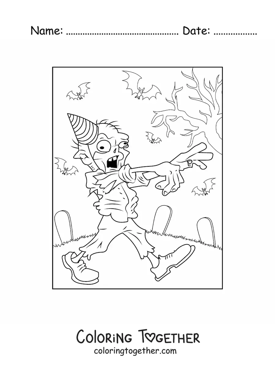 Coloring page of a cartoon zombie walking with a party hat