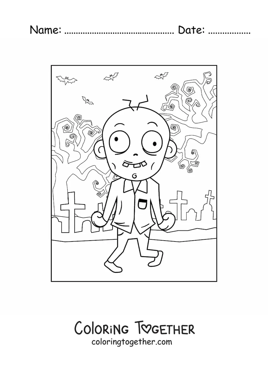 Coloring page of a cartoon zombie dancing in a cemetery on Halloween