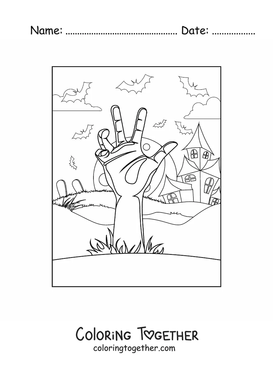 Coloring page of a zombie hand coming out of its grave on Halloween