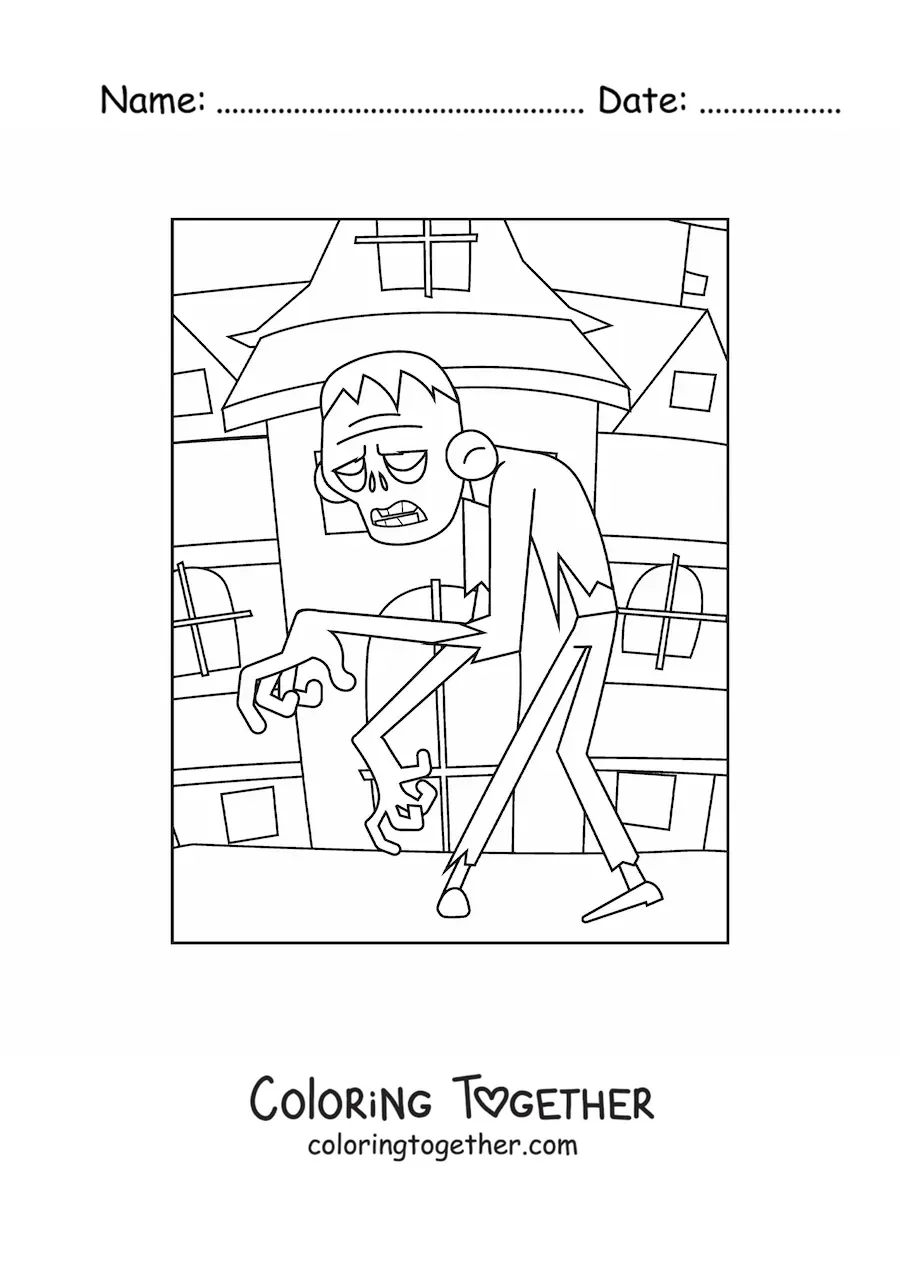 Coloring page of a zombie walking on Halloween