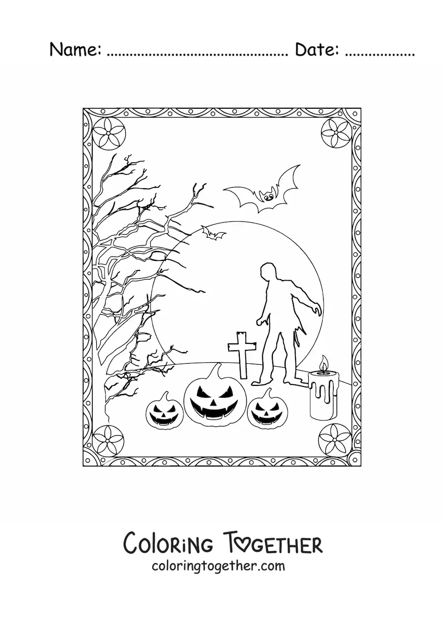 Coloring page of the silhouette of a zombie walking in a cemetery on Halloween