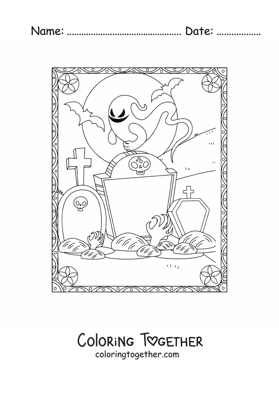 Coloring page of a zombie hand coming out of its grave with ghosts