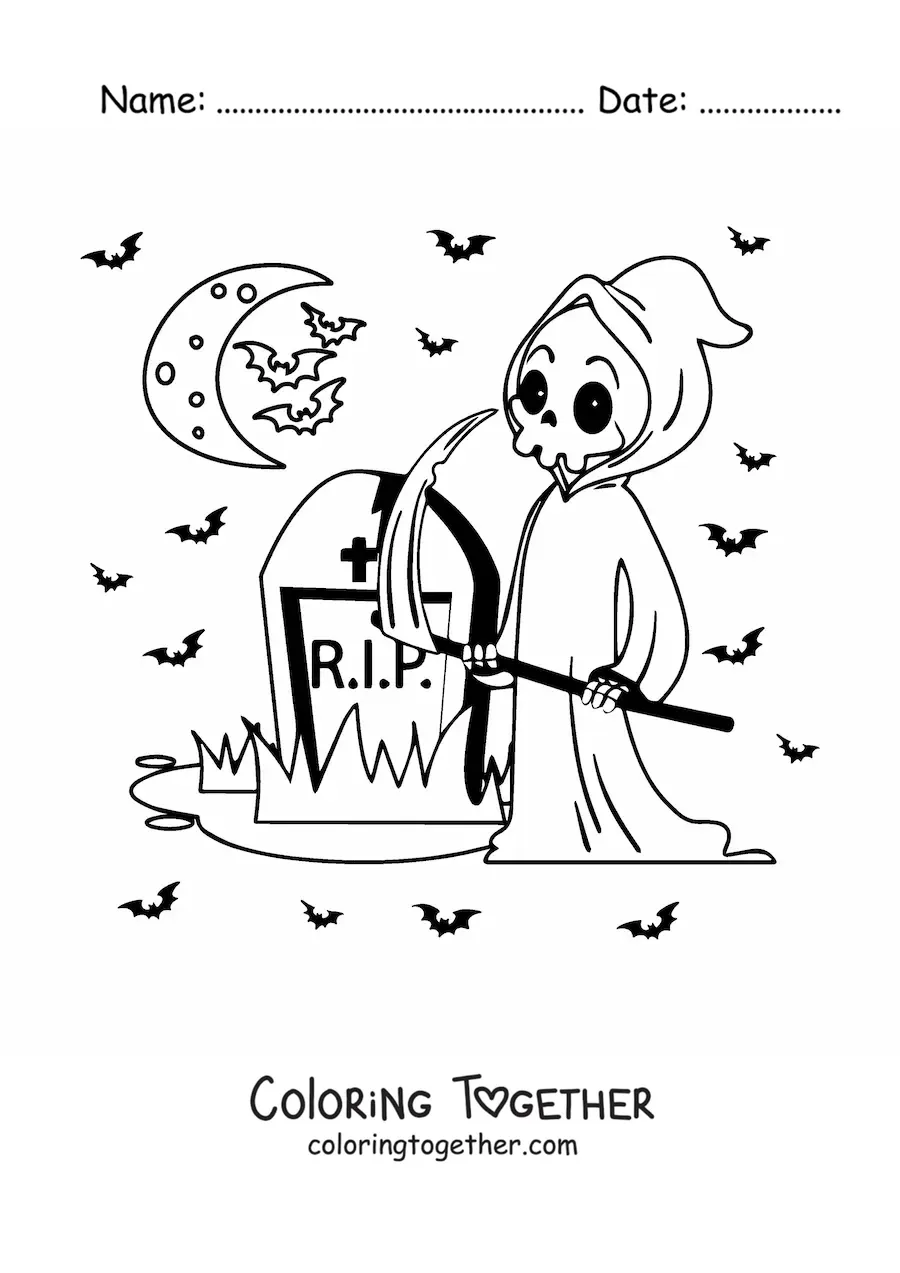 Coloring page of a grave with cartoon Death