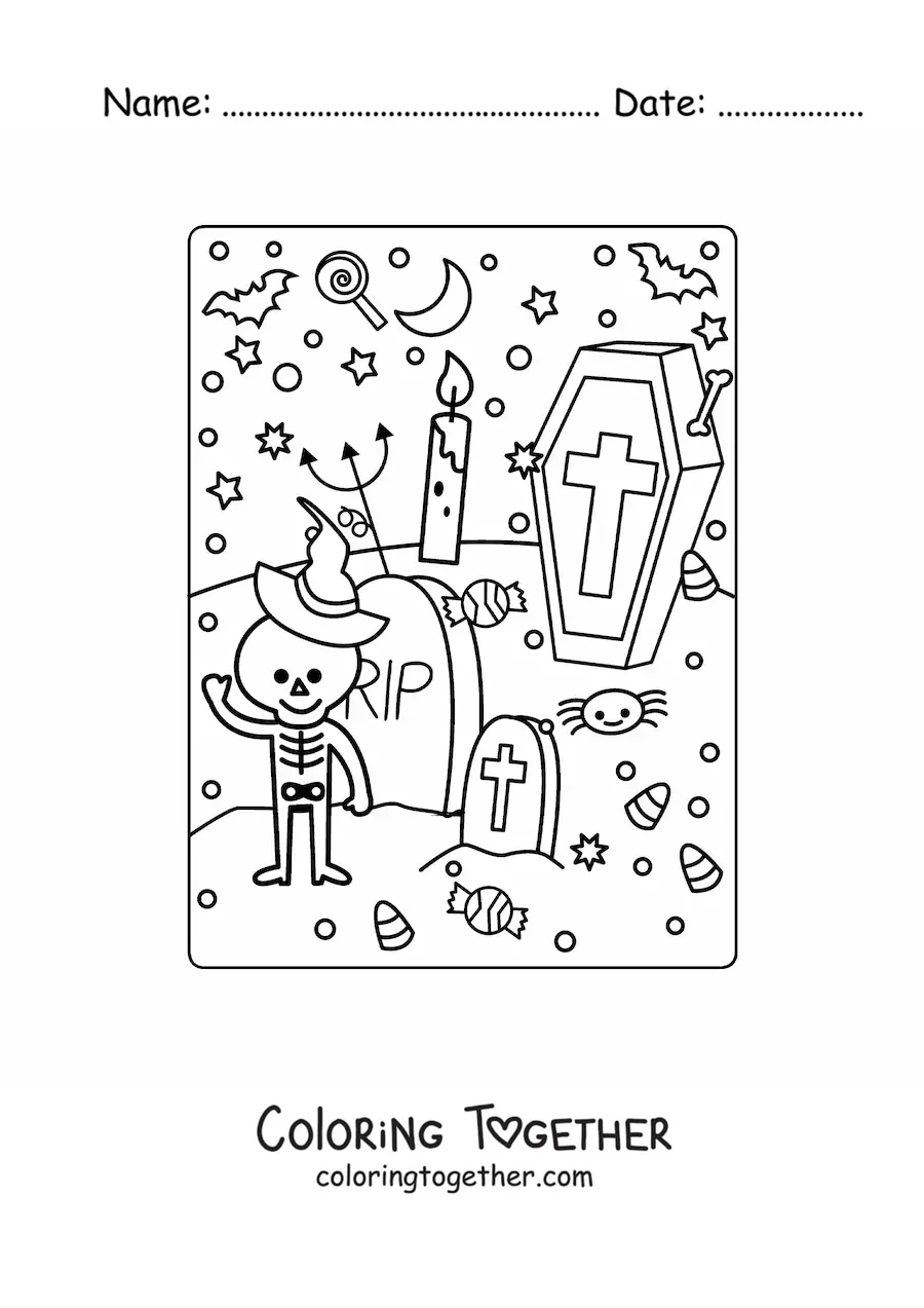 Coloring page of a cemetery with a kawaii Halloween skeleton