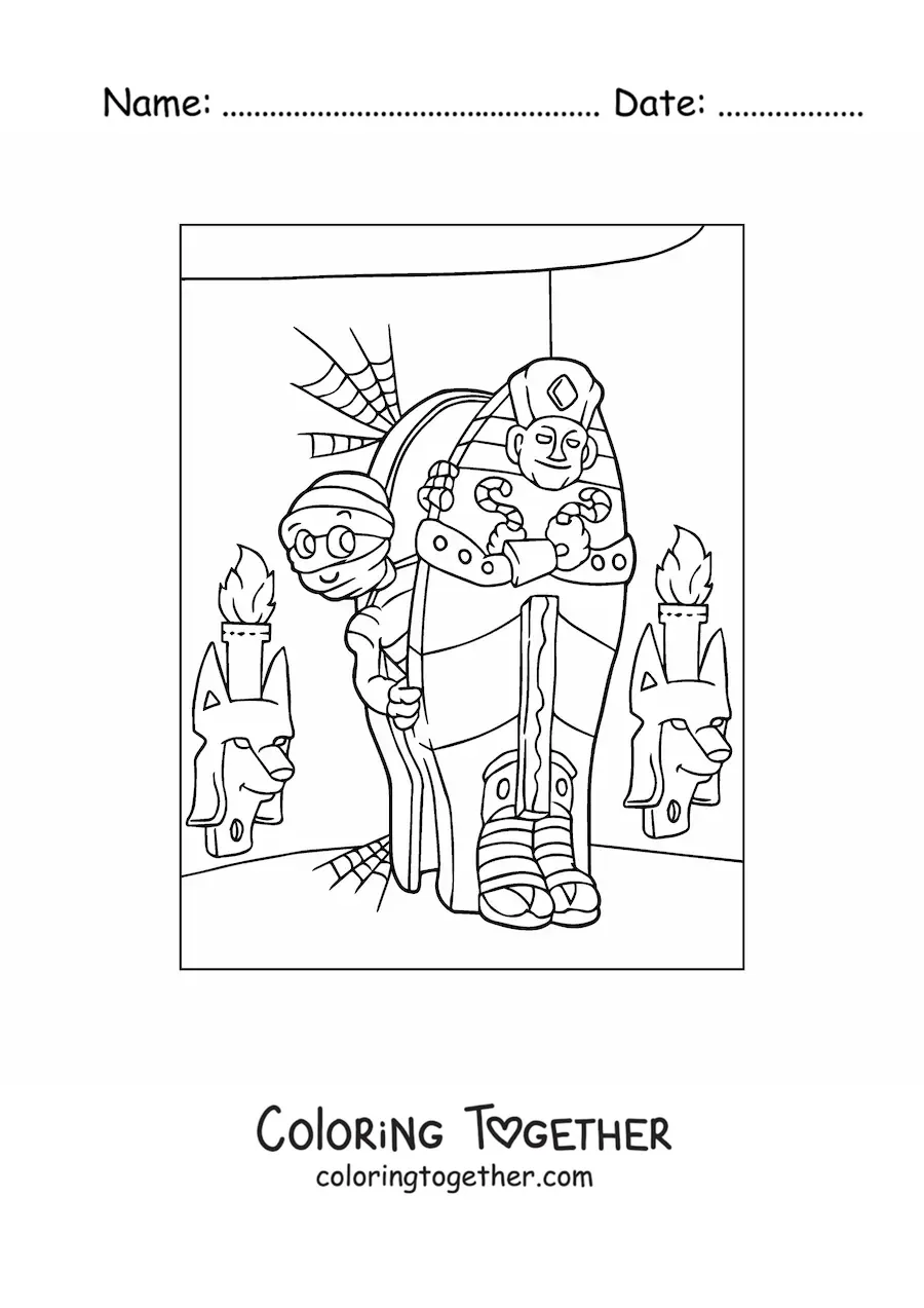 Coloring page of a mummy coming out of its grave on Halloween