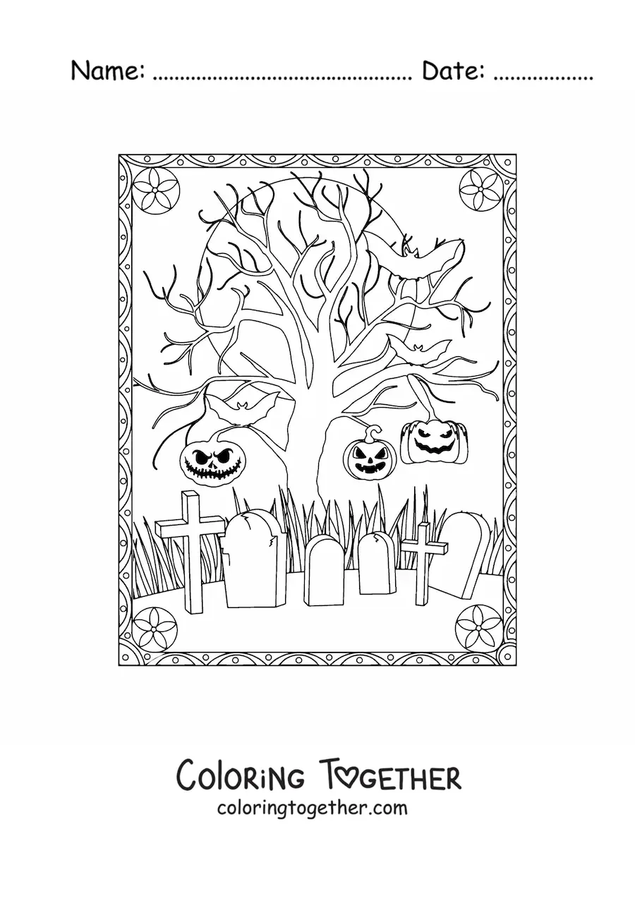 Coloring page of a scary cemetery on Halloween night
