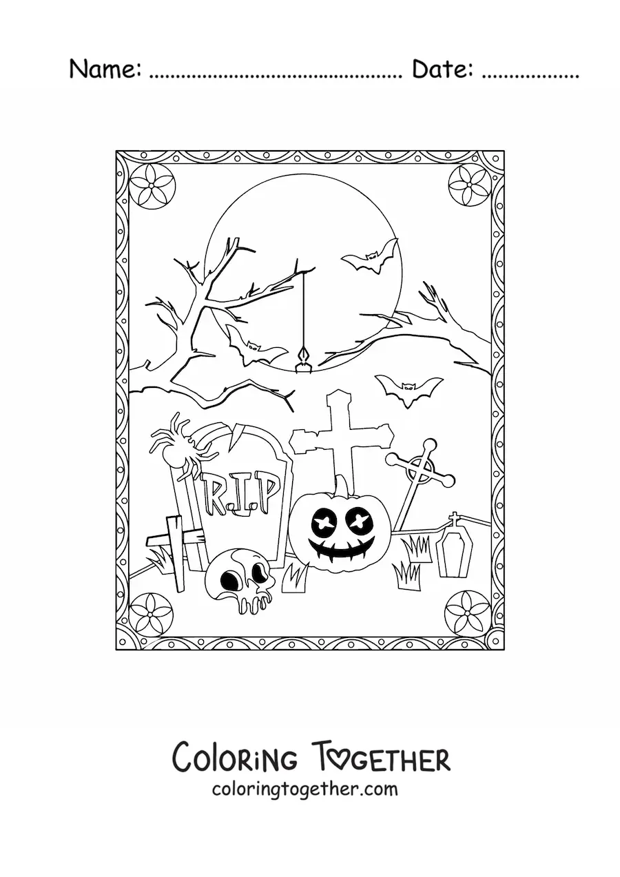 Coloring page of graves with a skull on Halloween night