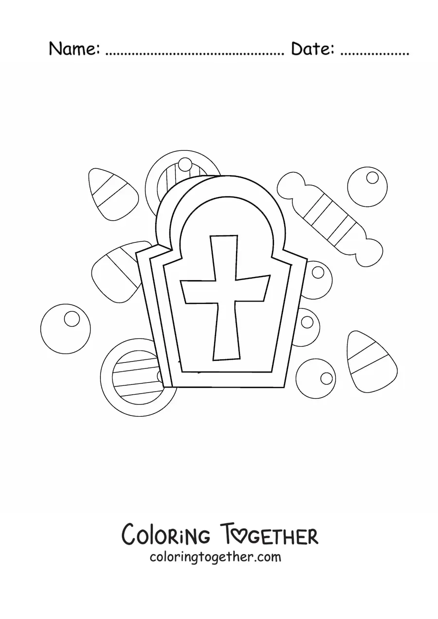 Coloring page of a grave with Halloween candy
