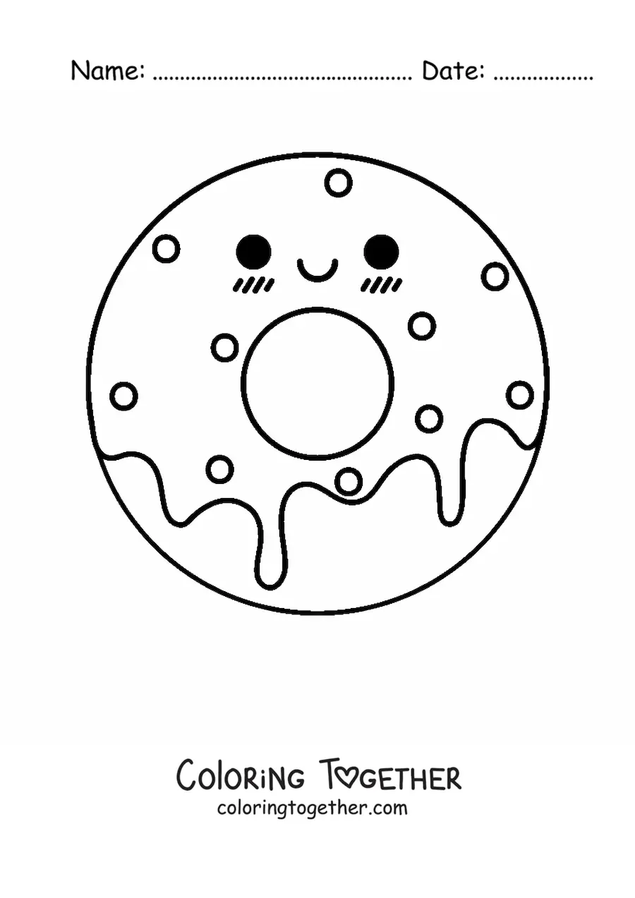 Coloring page of a kawaii donut with sprinkles and glaze