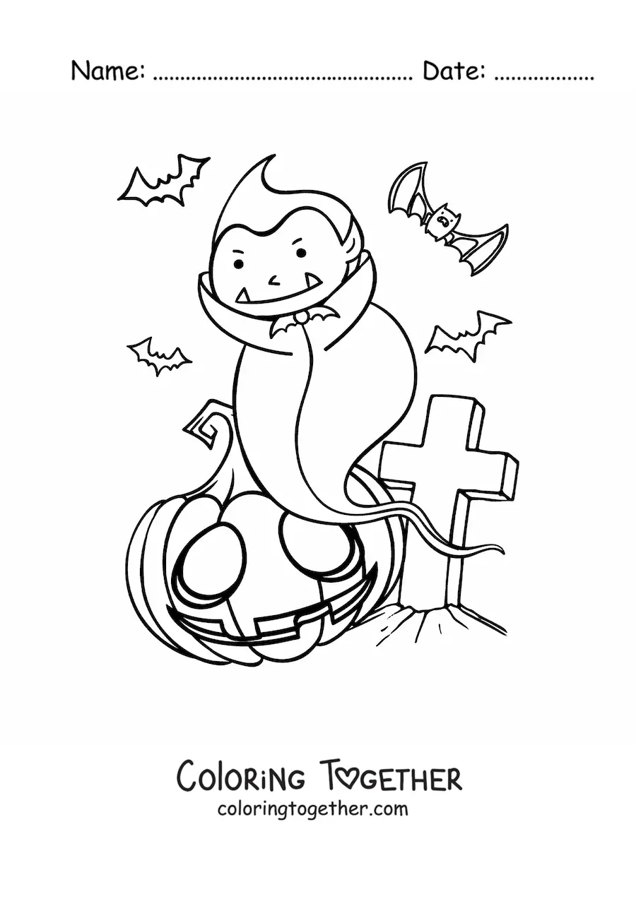 Coloring page of a cartoon vampire with a Halloween pumpkin